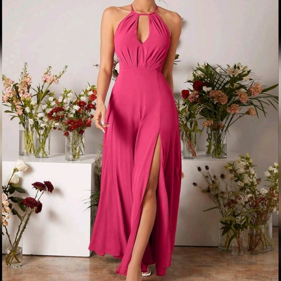 Halter High Slit Bridesmaid Dress - Picture 1 of 4
